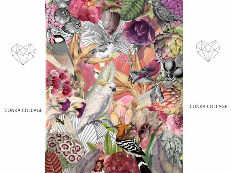 Conka Collage - Pájaros jungla rosada  - Conka Collage | ARTEX